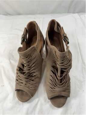 Charles David Bootie Sandals leather Sz 9.5 BROWN Woven Block Heel Peep Toe Boho